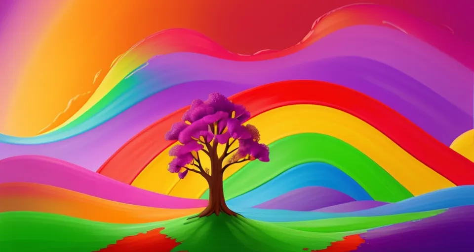 a painting of a tree with a rainbow background