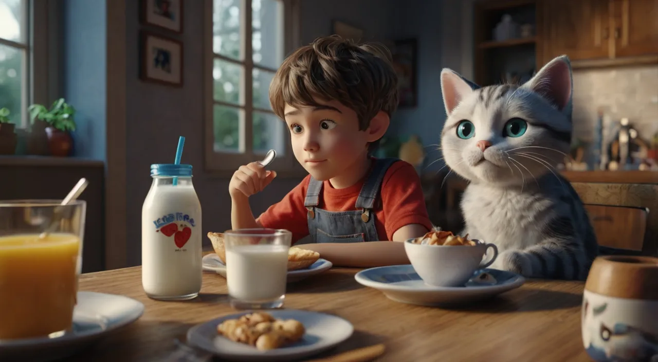 a little boy sitting at a table with a cat