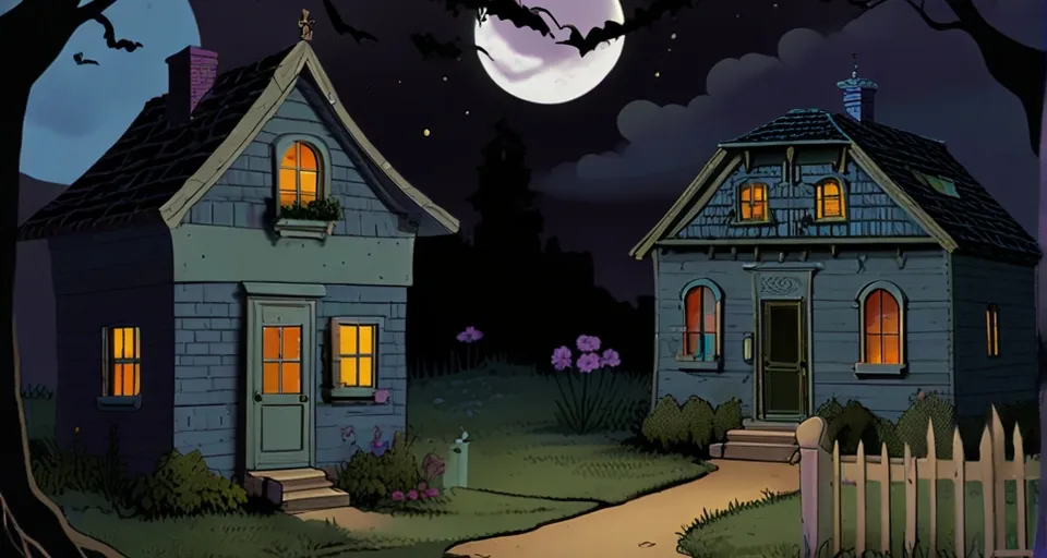 a cartoon house with a full moon in the background