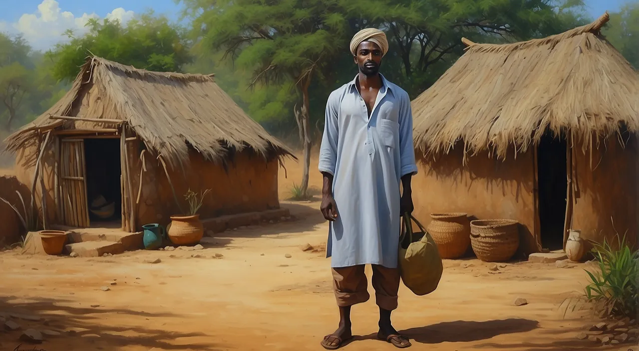 a painting of a man standing in front of a village