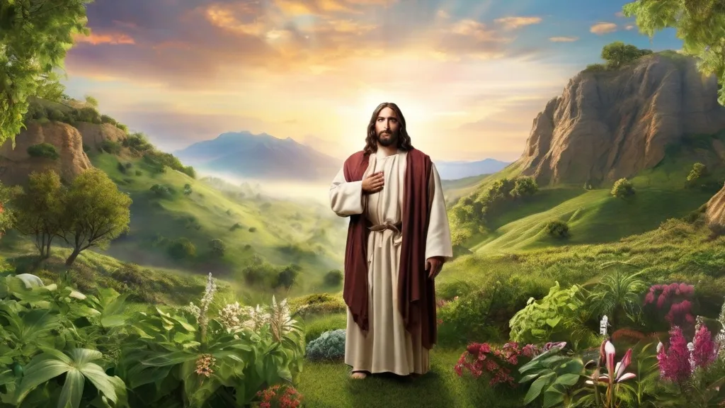 a painting of jesus standing in a lush green field