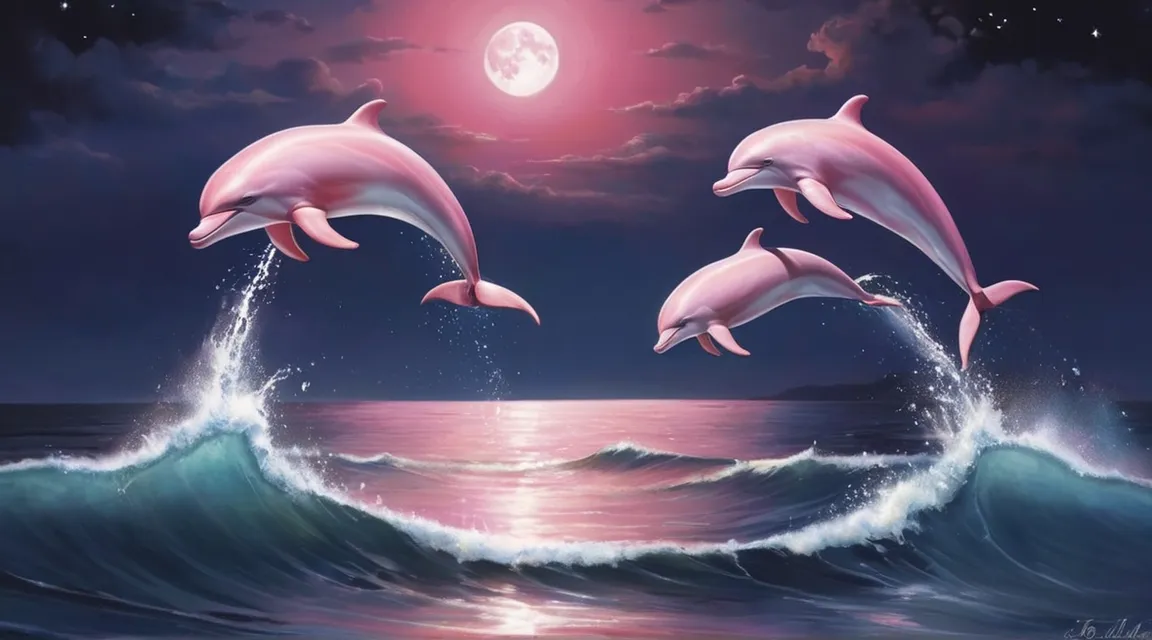 a painting of three dolphins jumping out of the water