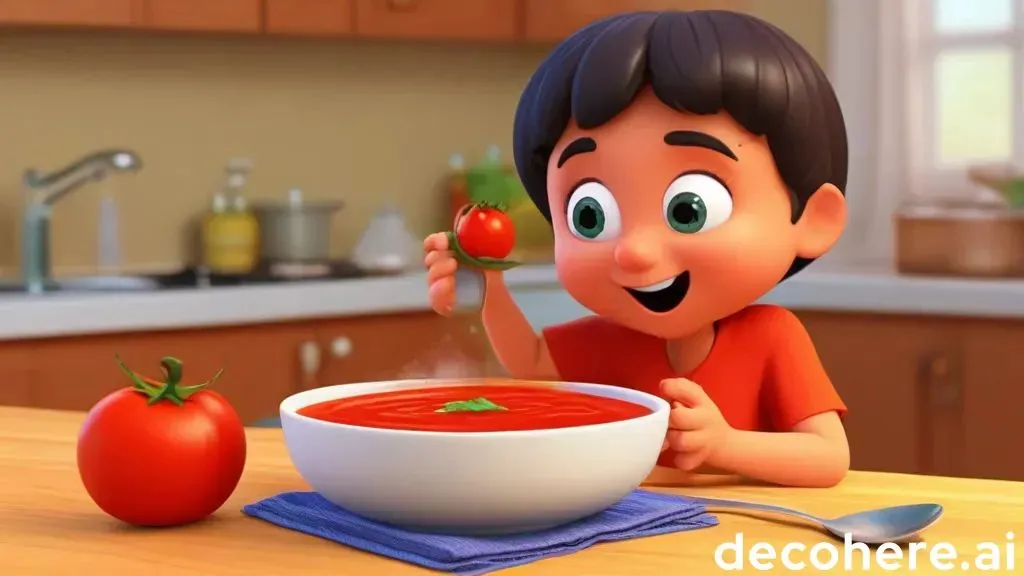 a cartoon boy is eating a bowl of tomato soup