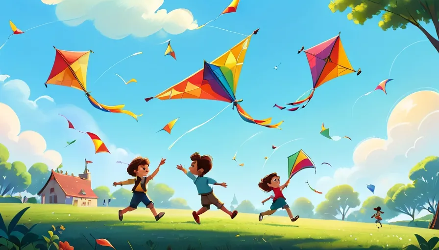 a group of children flying kites in a field