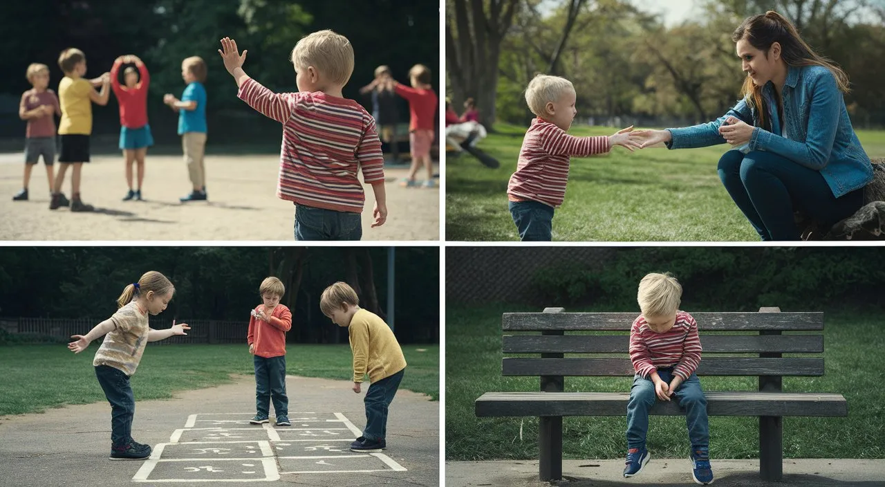 Quick montages show the child trying to interact with others, often without being understood or accepted.