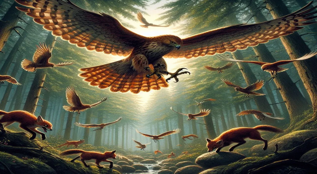 a painting of a bird flying over a forest filled with animals