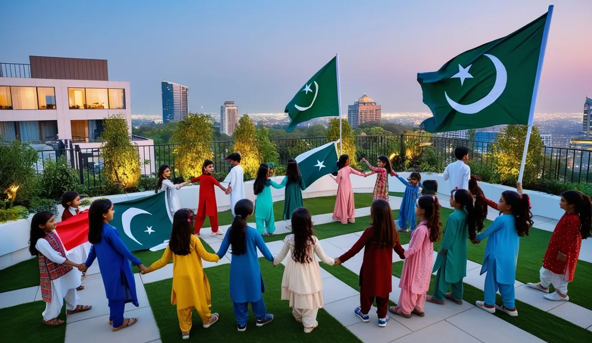 a group of children holding Pakistan and Pakistan flags