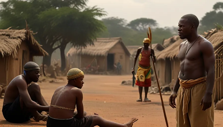 a group of men sitting on the ground in front of huts