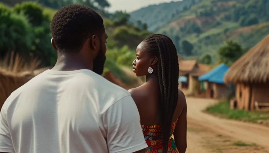 a man standing next to a woman on a dirt road