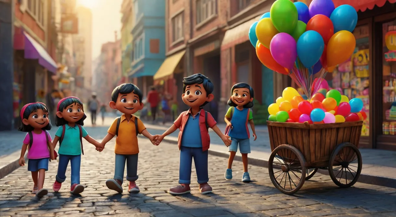 a group of children holding hands in front of a cart filled with balloons