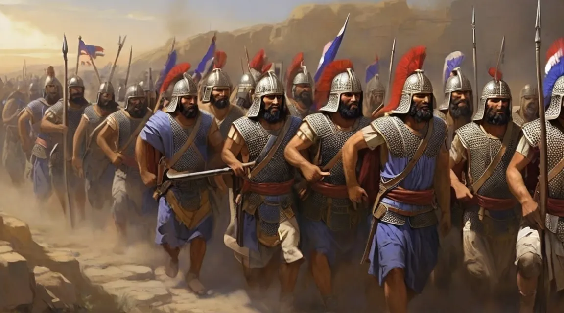 a painting of a line of roman soldiers