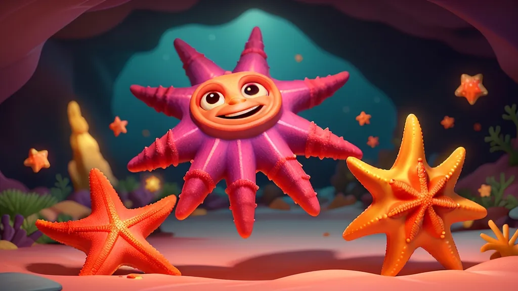 a cartoon starfish with a happy face trying to touch glittery sones