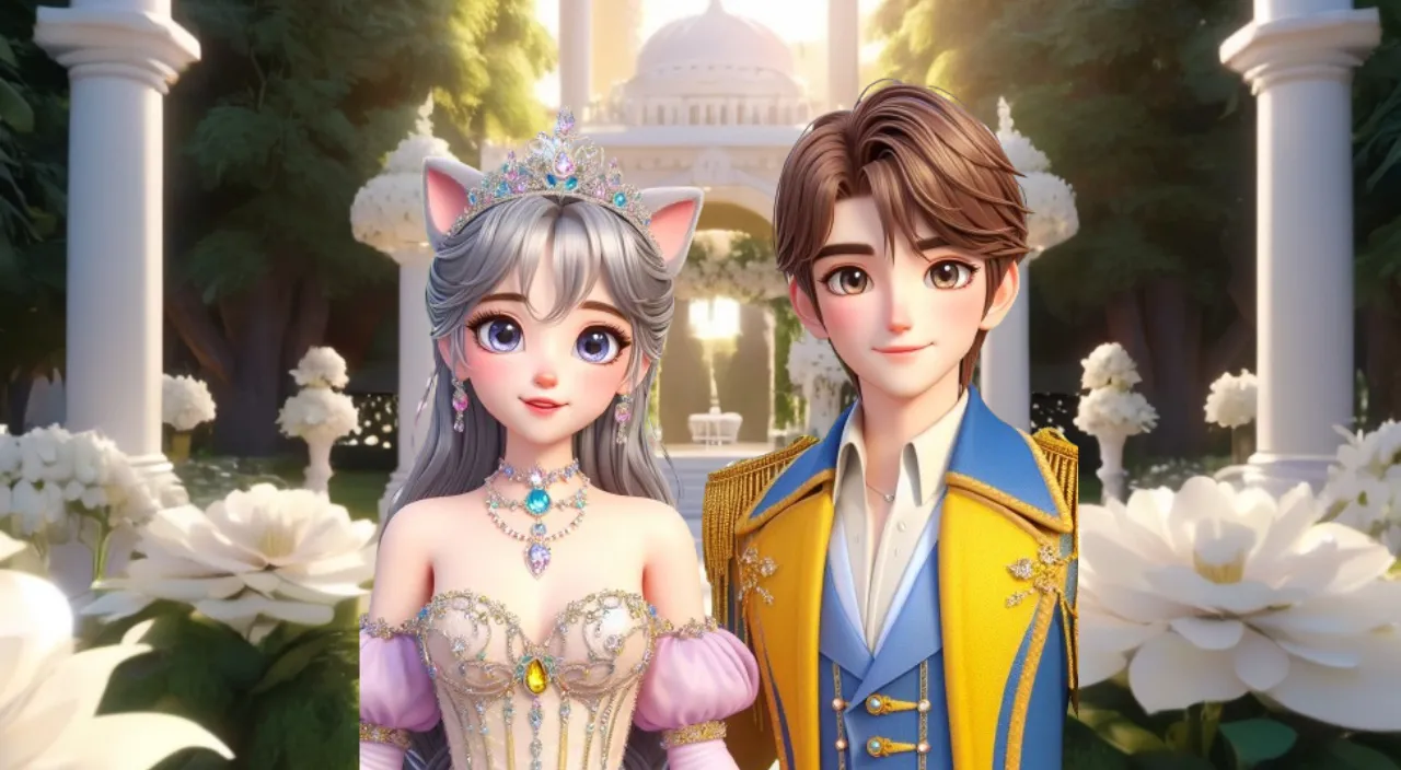 adult 30 years old prince and princess having ears like cat standing next to each other