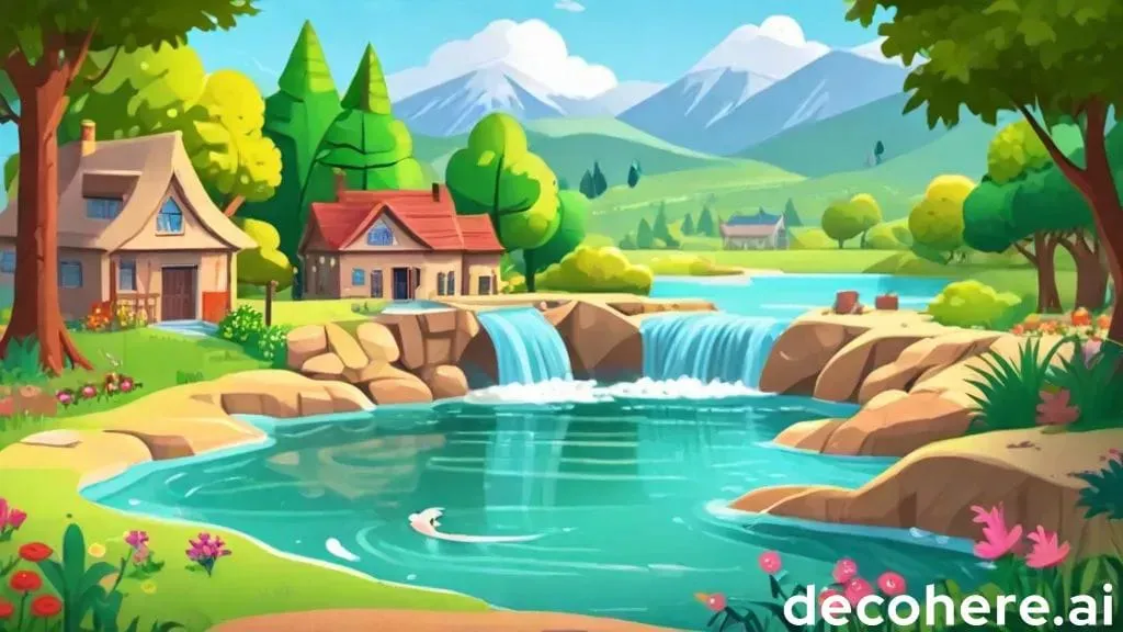 a painting of a river with a house in the background