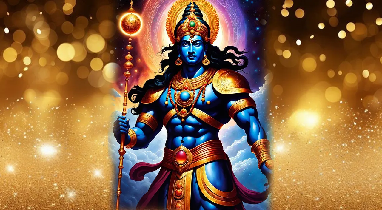 Create a Lord vishnu with golden background, 8k, size of 1920x1080, colorful
