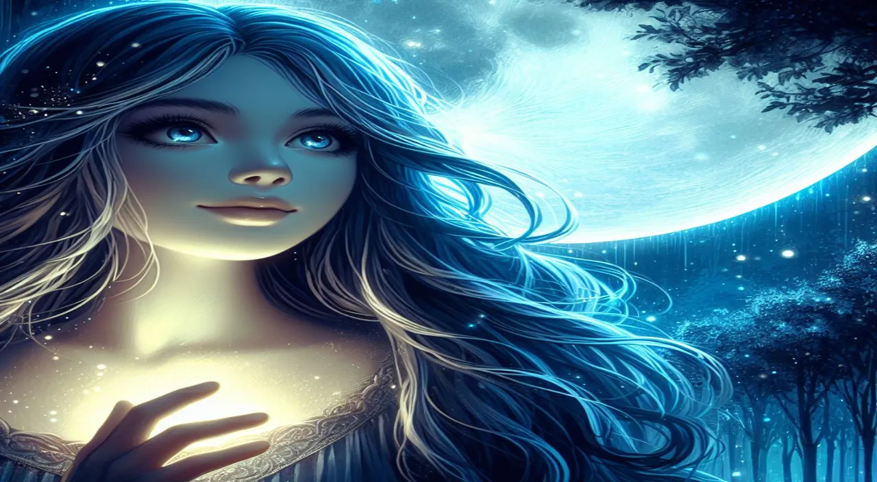 a woman with long hair and blue eyes standing in front of a full moon