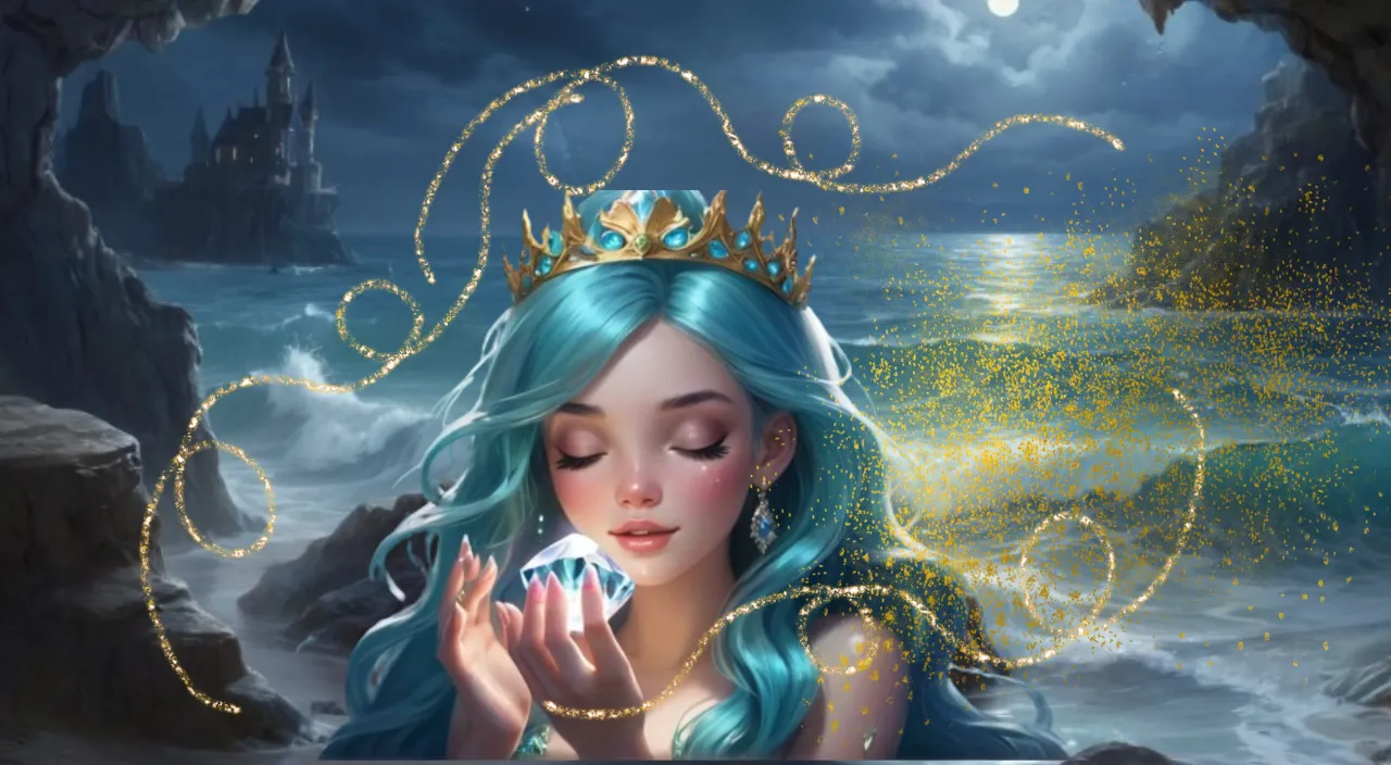 a woman with blue hair and a crown on her head and hold a diamond in her hand and golden glittery magic around her