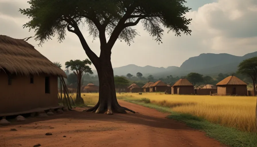 a dirt road leading to a small village