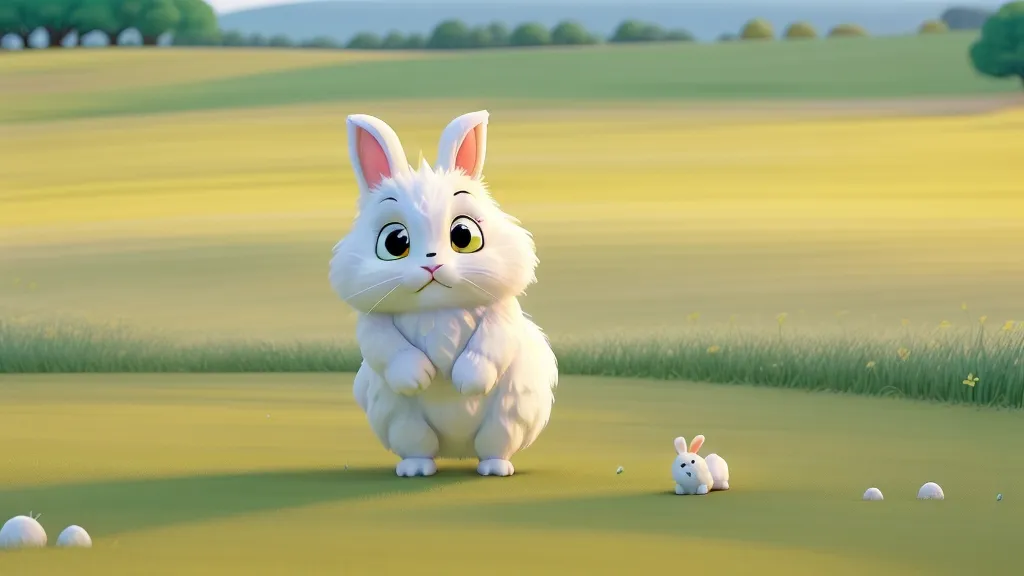 a white rabbit standing next to a white bunny in a field