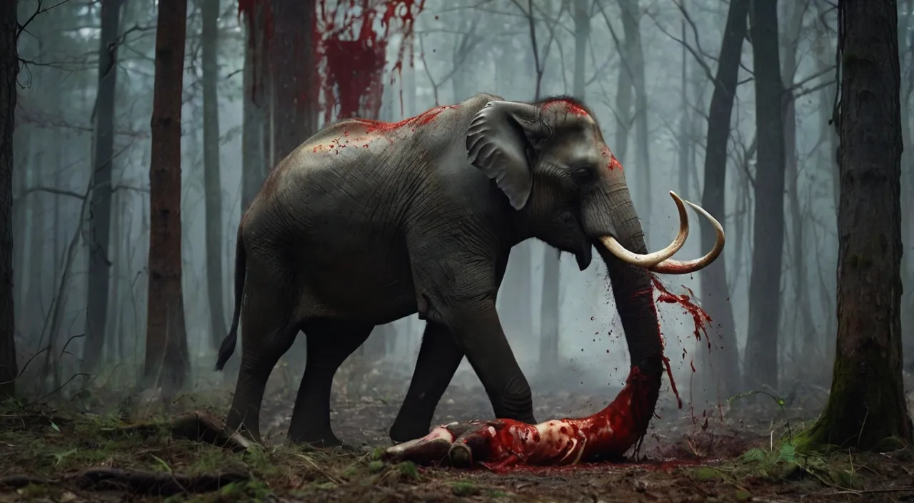 In a dense forest, a big black, evil and cruel elephant is holding a deer in its trunk and throwing it on the ground. The deer is covered in blood.