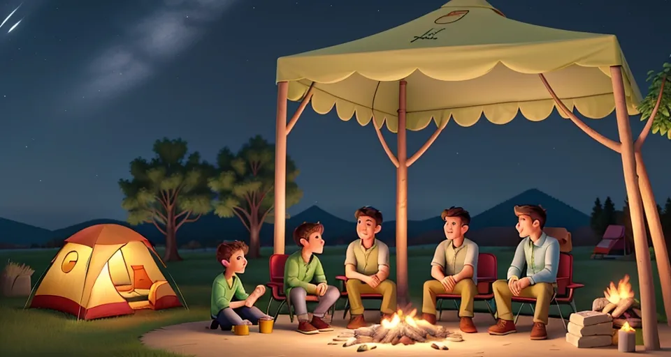 a group of people sitting around a campfire, gossiping, smiling, fire Sparkle flying up, fantastic scenery, beautiful nature, all looking so good.