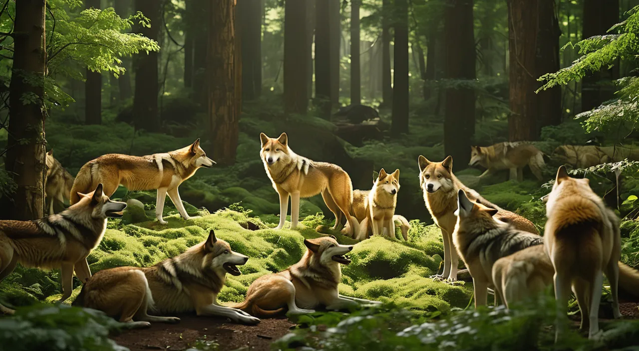 a group of wolfs standing in a forest