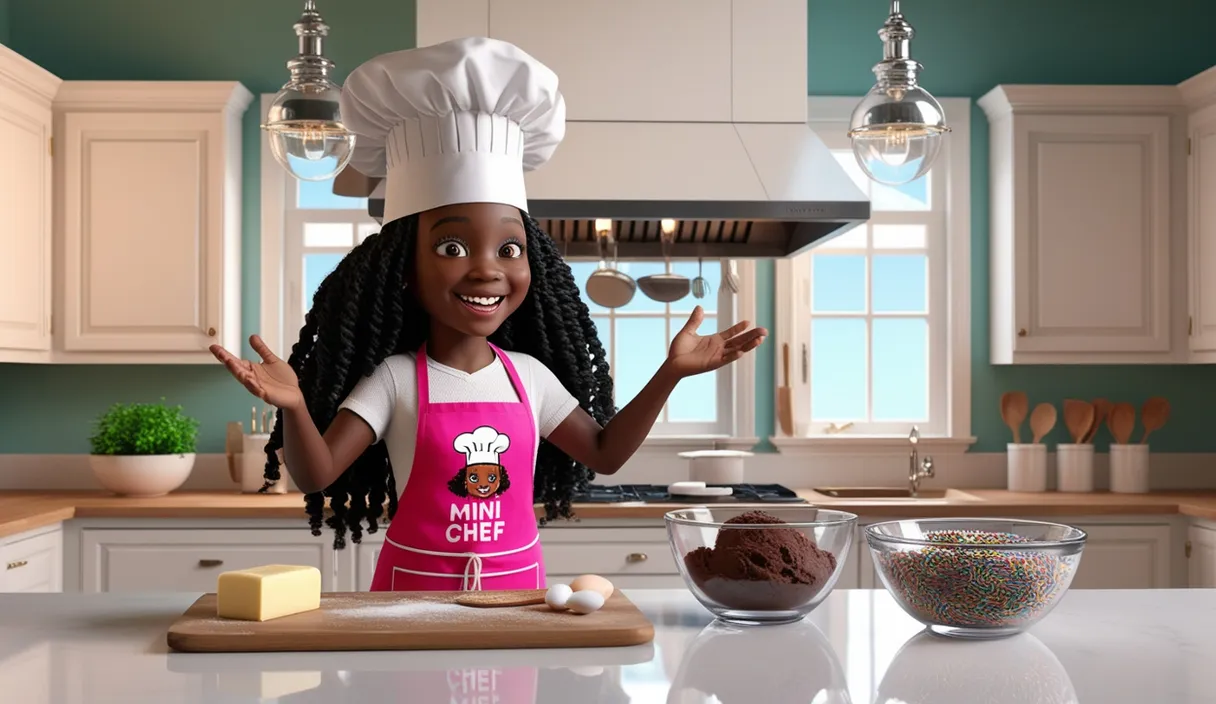 a black girl in a chef's hat is standing in a kitchen