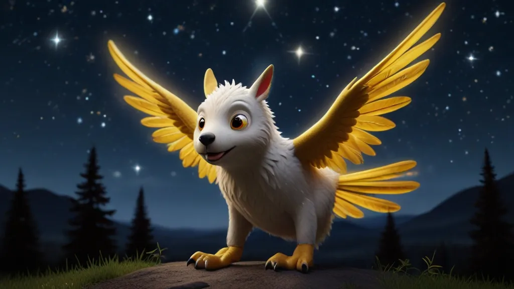 a white dog with yellow wings standing on a hill