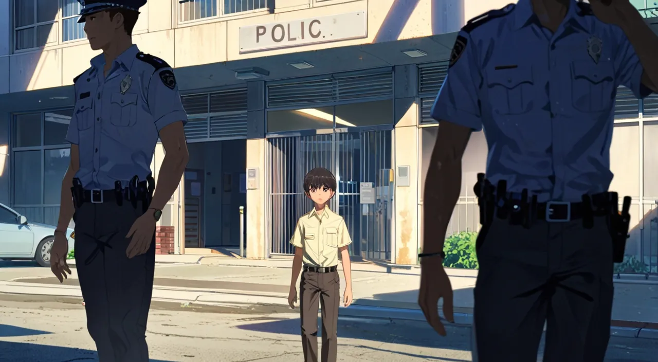  a little civilian boy and two police officers and standing in front of police station