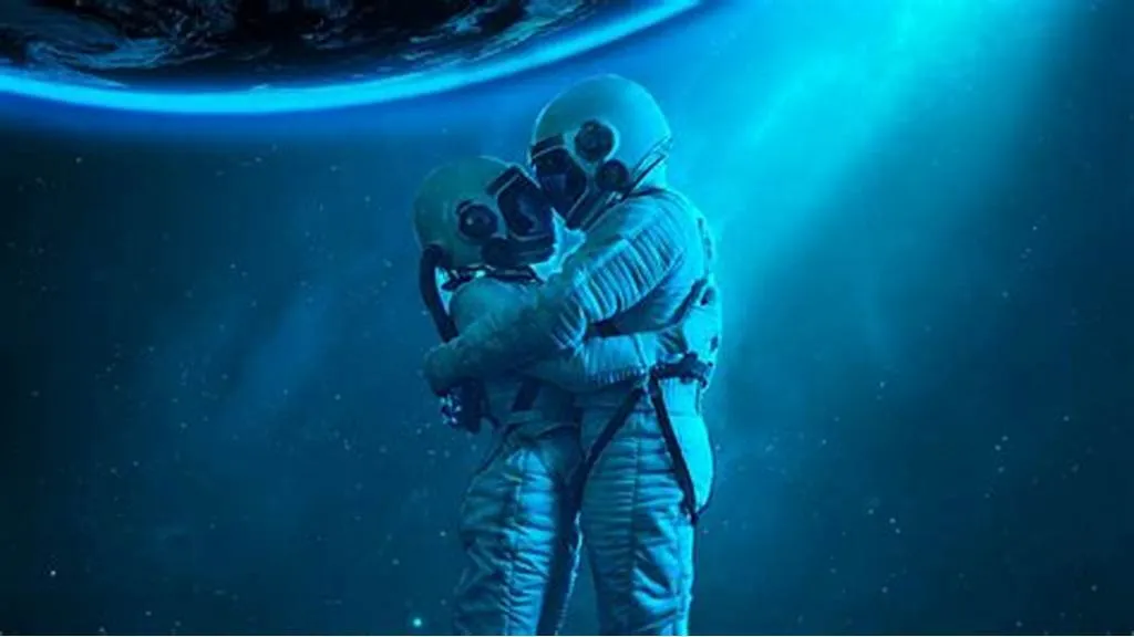 two astronauts in space hugging each other