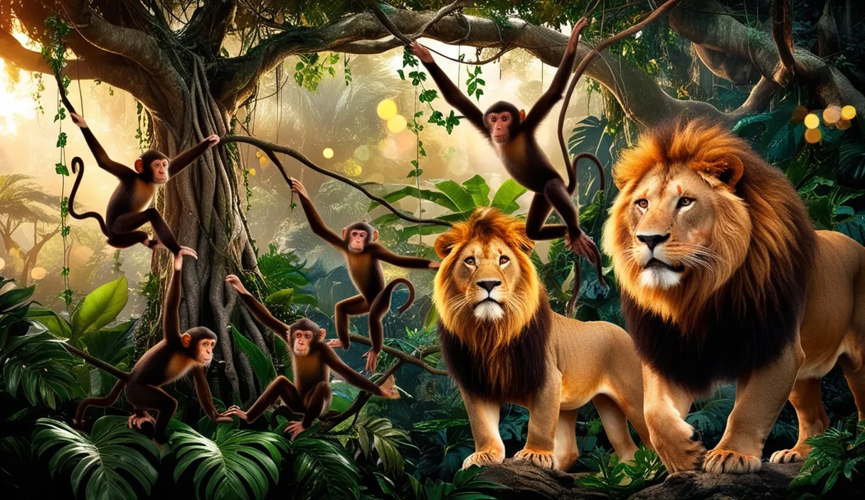 a group of monkeys and lions in a jungle