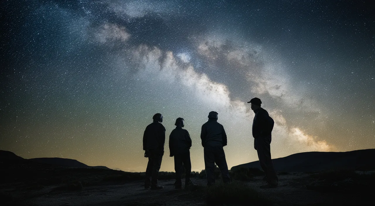 a group of people standing on top of a hill under a sky filled with stars