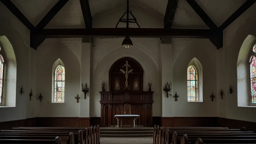 a church with pews and stained glass windows