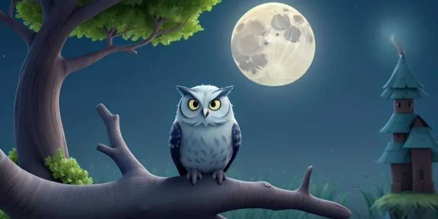 an owl sitting on a tree branch in front of a full moon