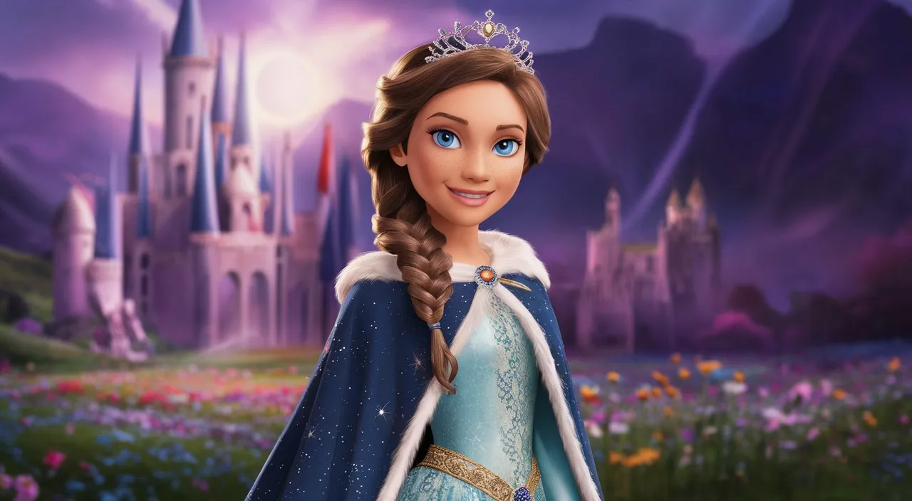 a girl in a blue dress with a tiara in front of a castle