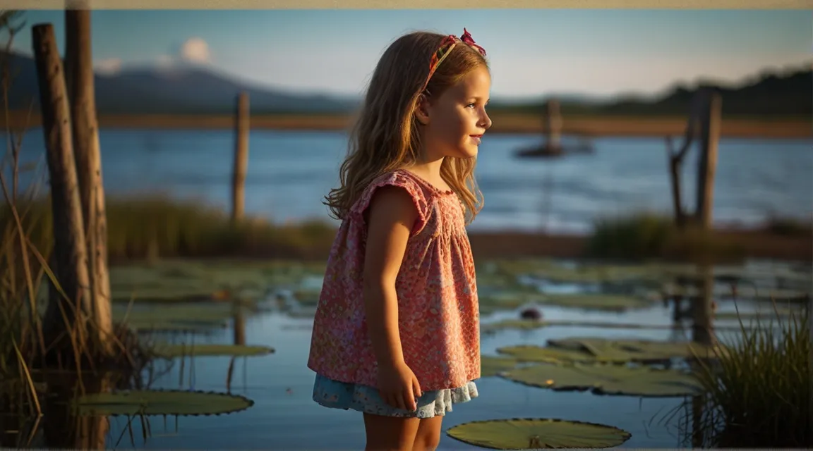 a little girl standing in front of a body of water