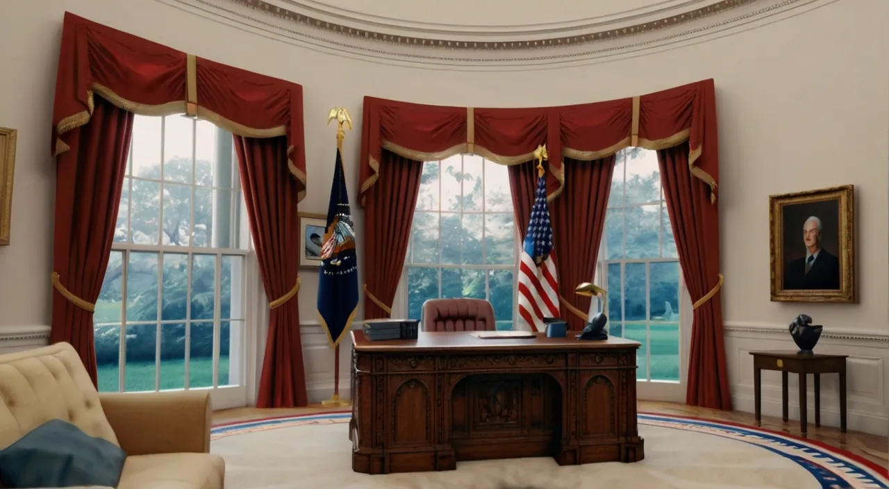 a room with a desk, chairs, and american flags