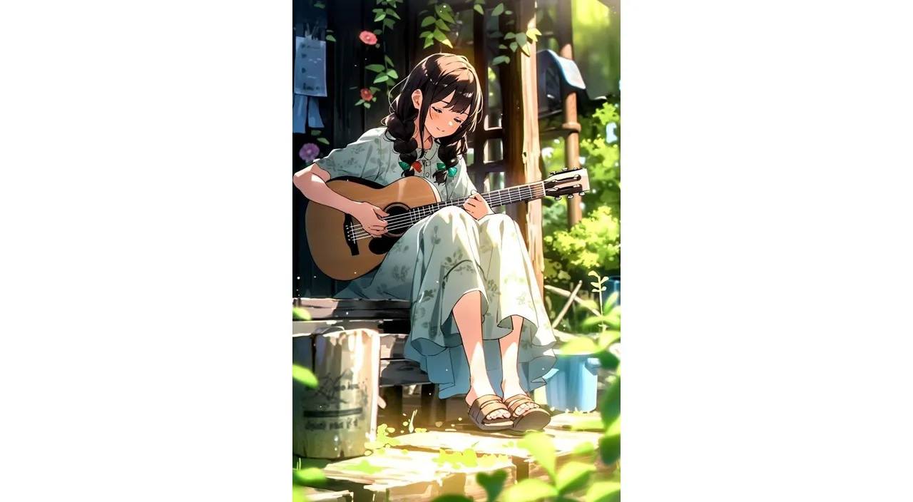 a woman sitting on a bench playing a guitar