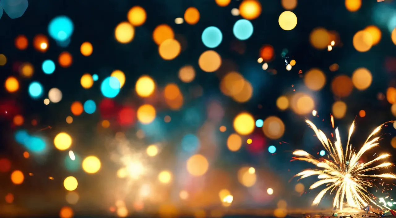 a colorful fireworks display with blurry lights in the background