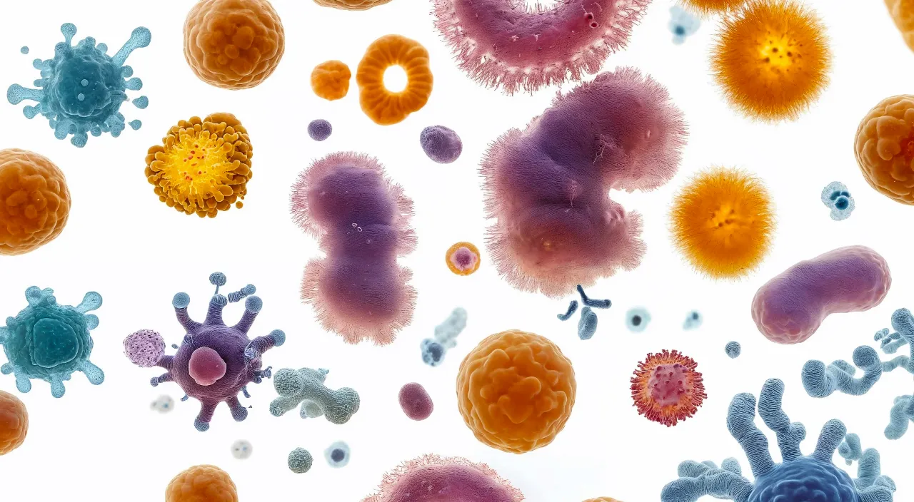 a group of different colored cells germs and bacteria. Floating in the water, Glowing light and movement mixed together in a white background