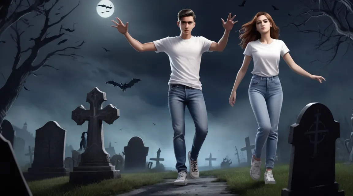 a man and a woman are walking through a cemetery