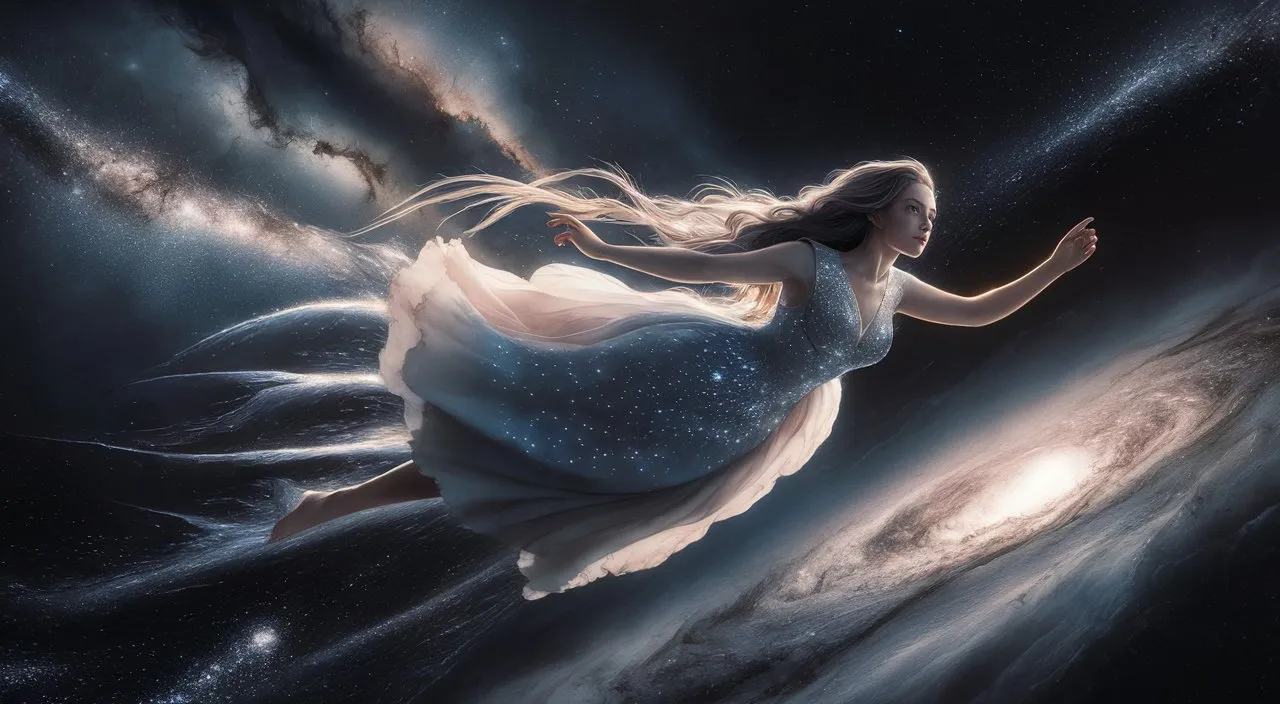 a woman in a white dress flying through space