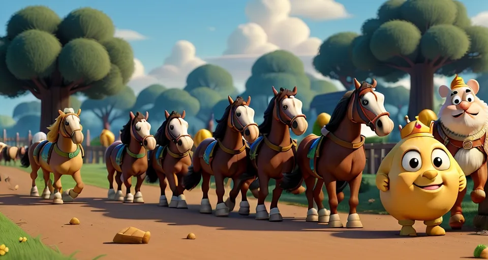 a group of cartoon characters riding on the back of horses