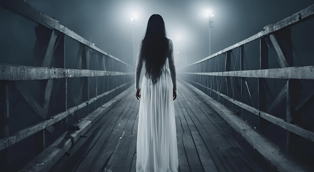 a woman in a white dress standing on a bridge walking towards camera