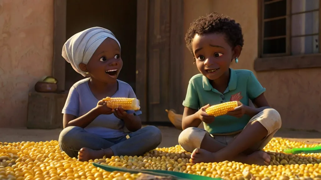 two children sitting on the ground eating corn, 3d animation| no deformity