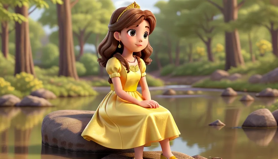 a young girl in a yellow dress sitting on a rock