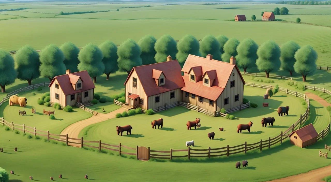 a painting of a farm with horses and a barn