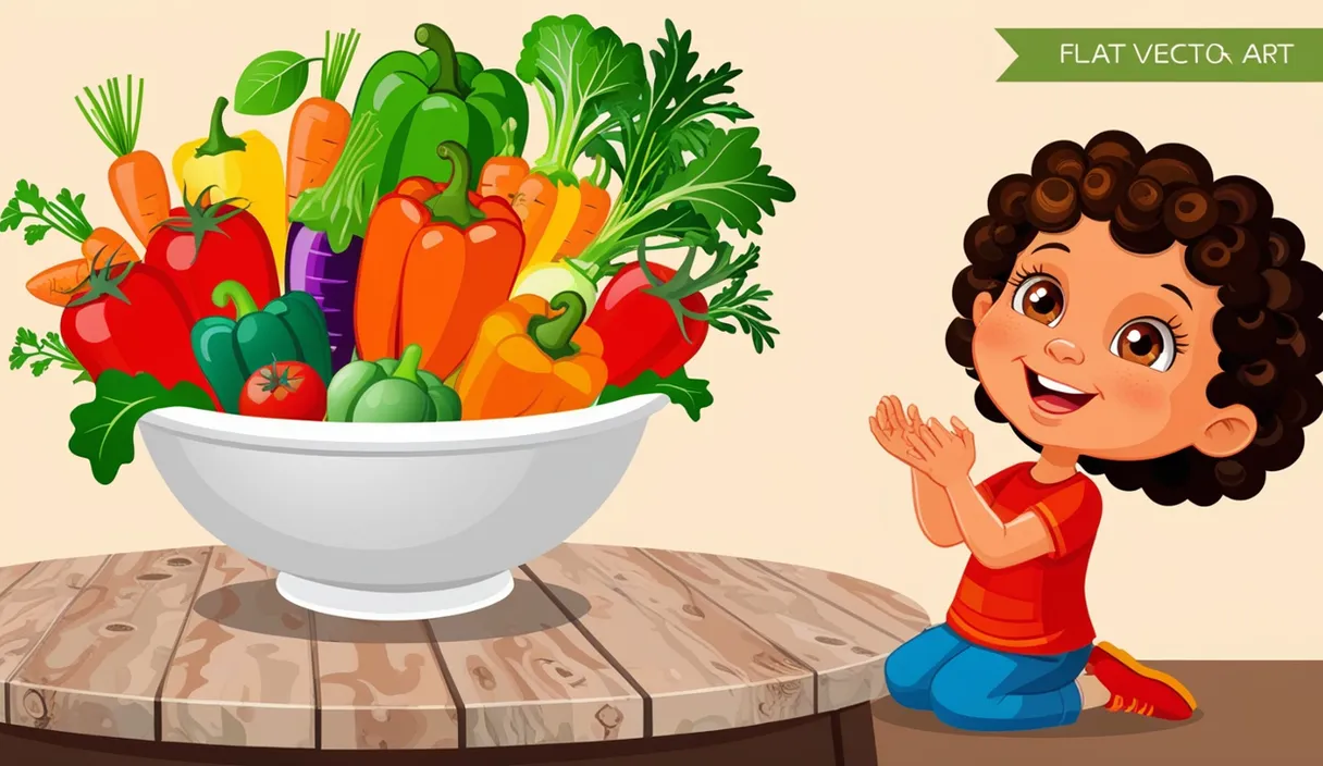 a little girl sitting in front of a bowl of vegetables