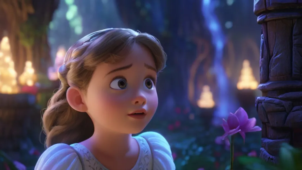 a young girl in a white dress looking at a purple flower in astonishment