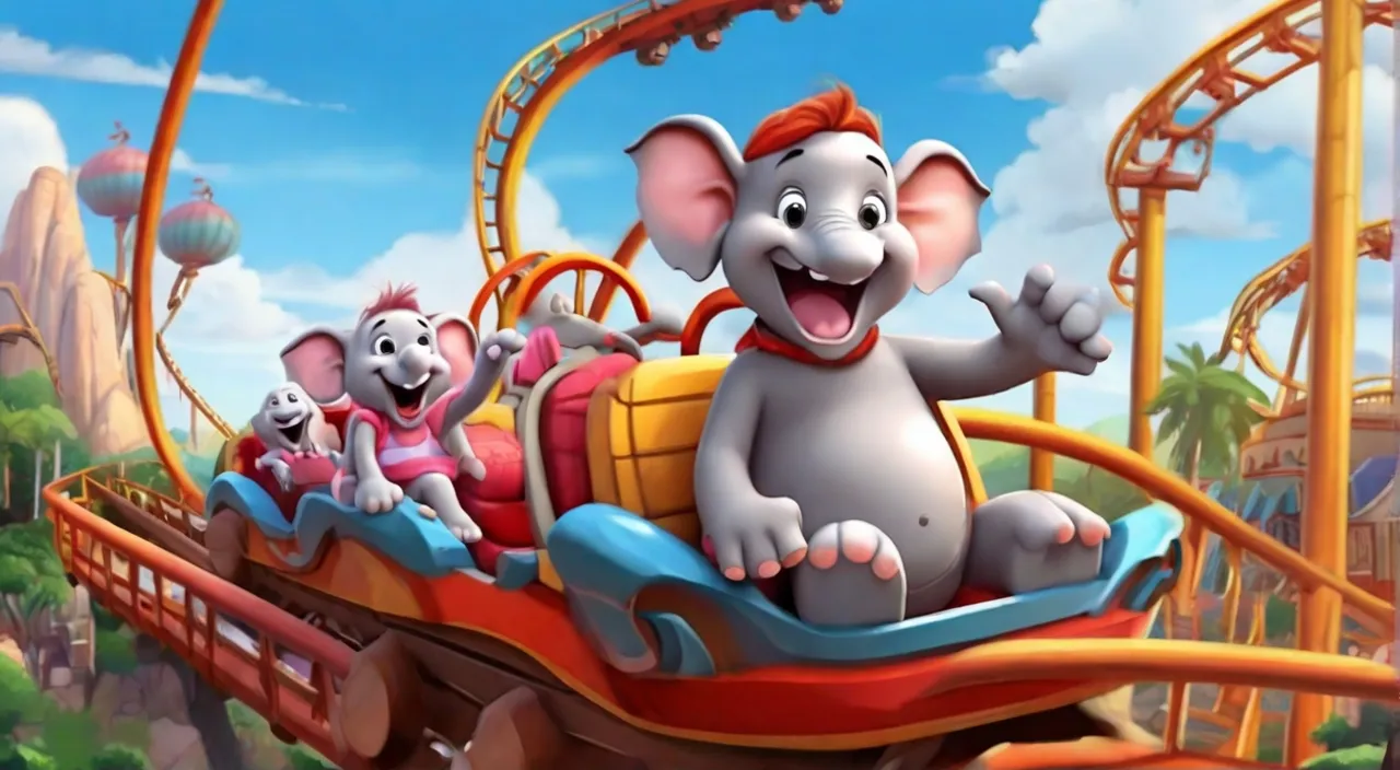 a group of elephants riding on top of a roller coaster. Cartoon